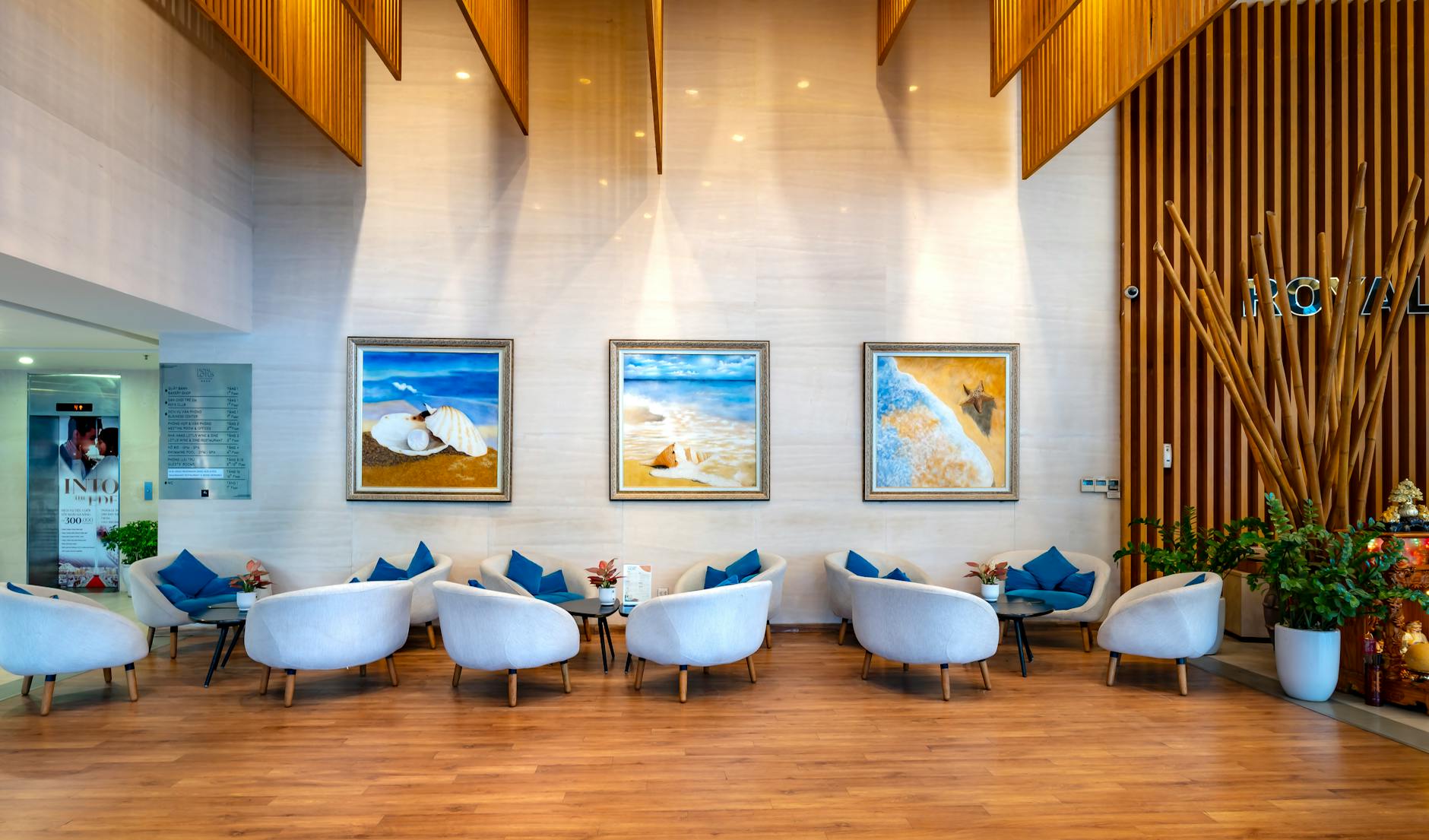 Hotel lobby lounge area with custom upholstered seating