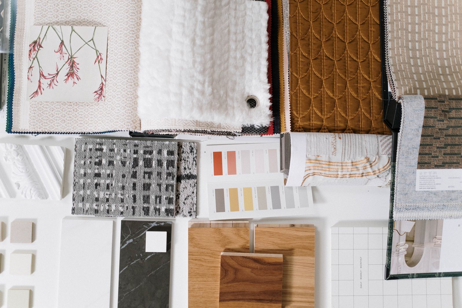 Fabric, stone and wood finish samples for a project