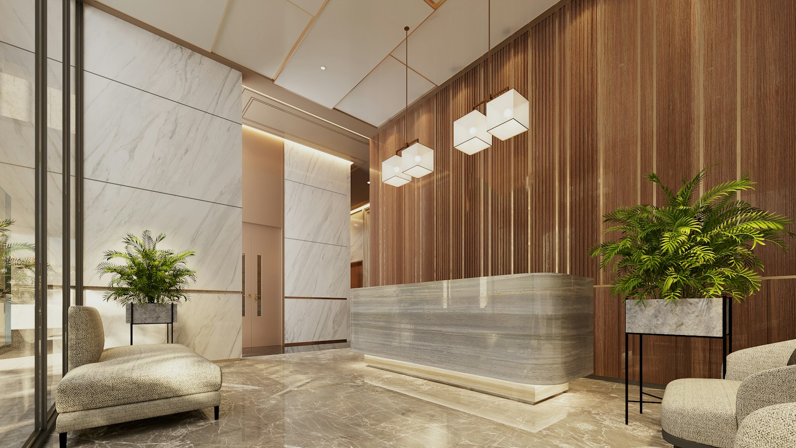 Lobby de hotel con recepción de mármol y sillones